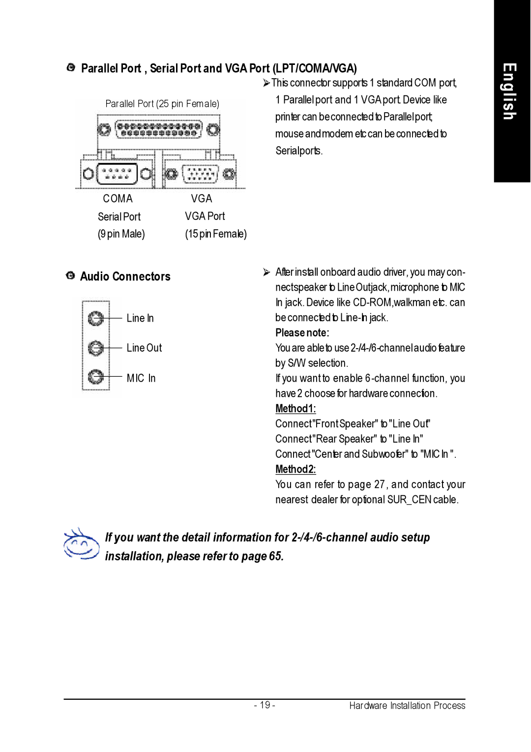 Gigabyte GA-K8VM800M Parallel Port , Serial Port and VGA Port LPT/COMA/VGA, Audio Connectors, Please note, Method1 