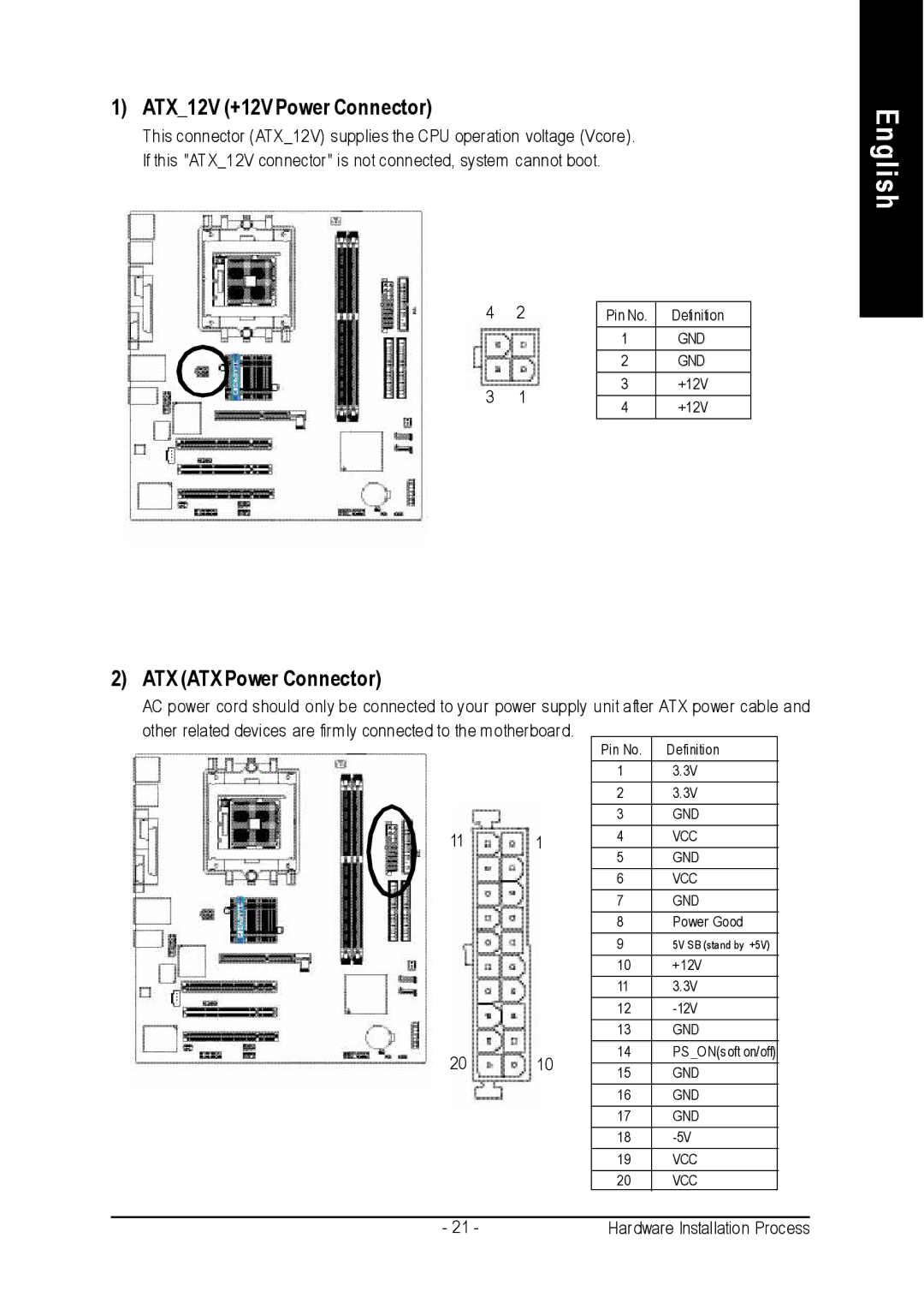 Gigabyte GA-K8VM800M user manual ATX12V +12V Power Connector, ATX ATX Power Connector 