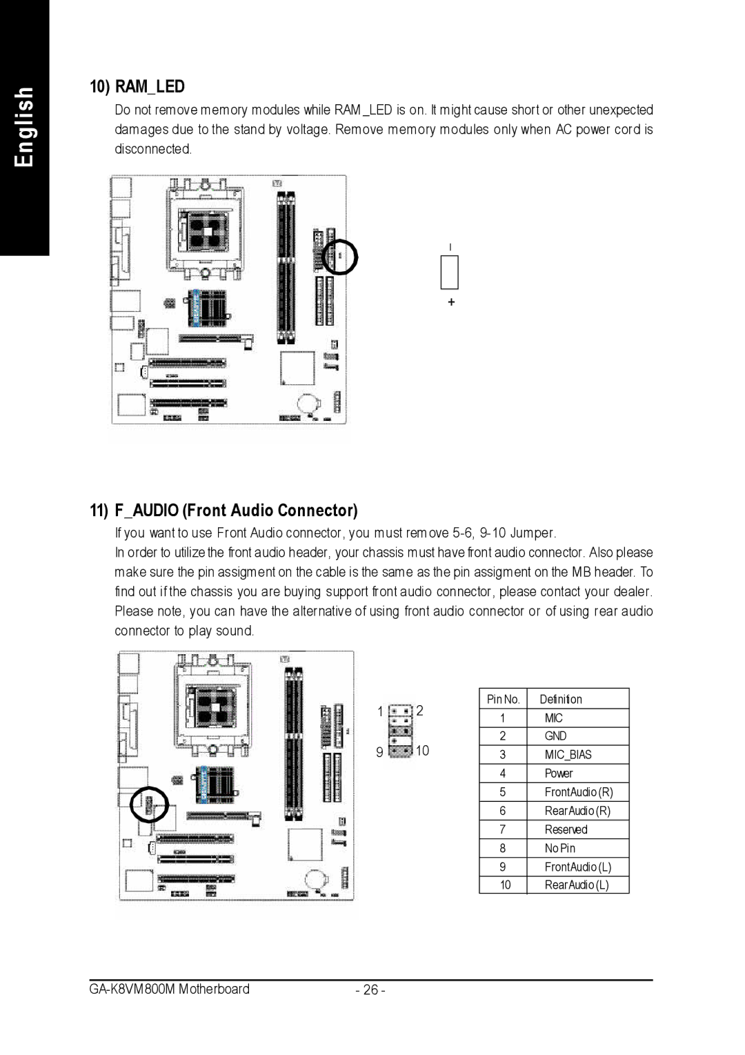 Gigabyte GA-K8VM800M user manual Ramled, Faudio Front Audio Connector 