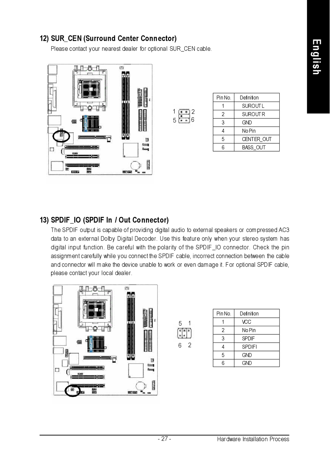 Gigabyte GA-K8VM800M user manual Surcen Surround Center Connector, Spdifio Spdif In / Out Connector 