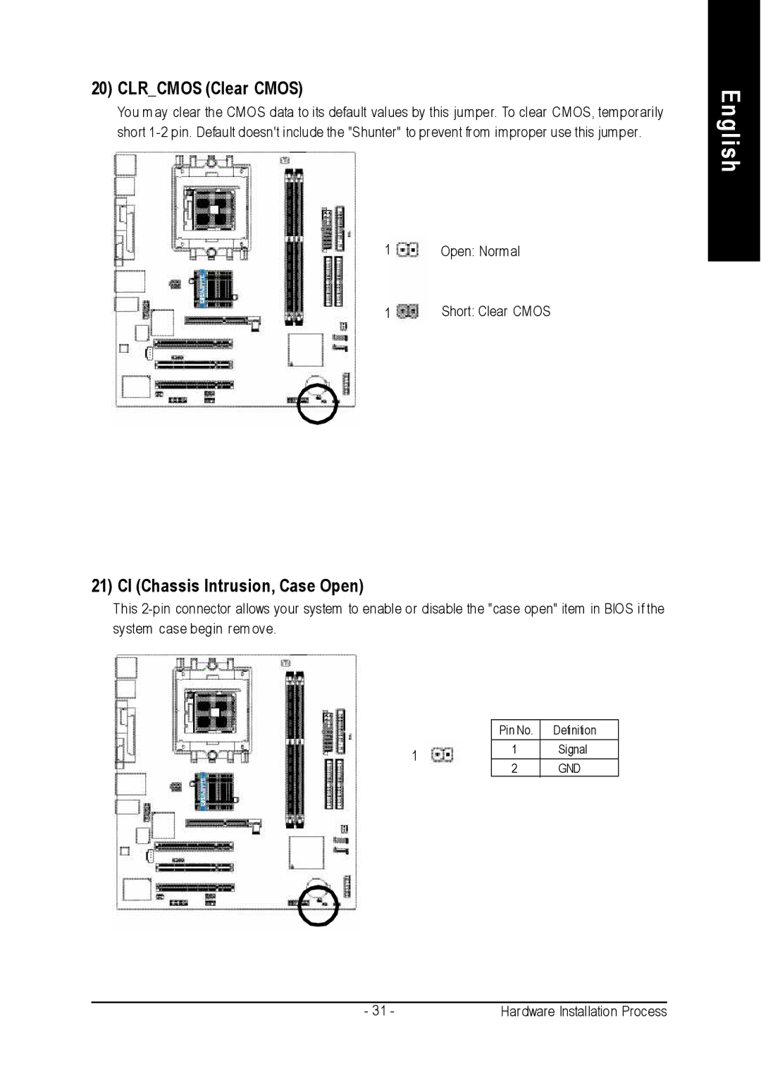 Gigabyte GA-K8VM800M user manual Clrcmos Clear Cmos, CI Chassis Intrusion, Case Open 