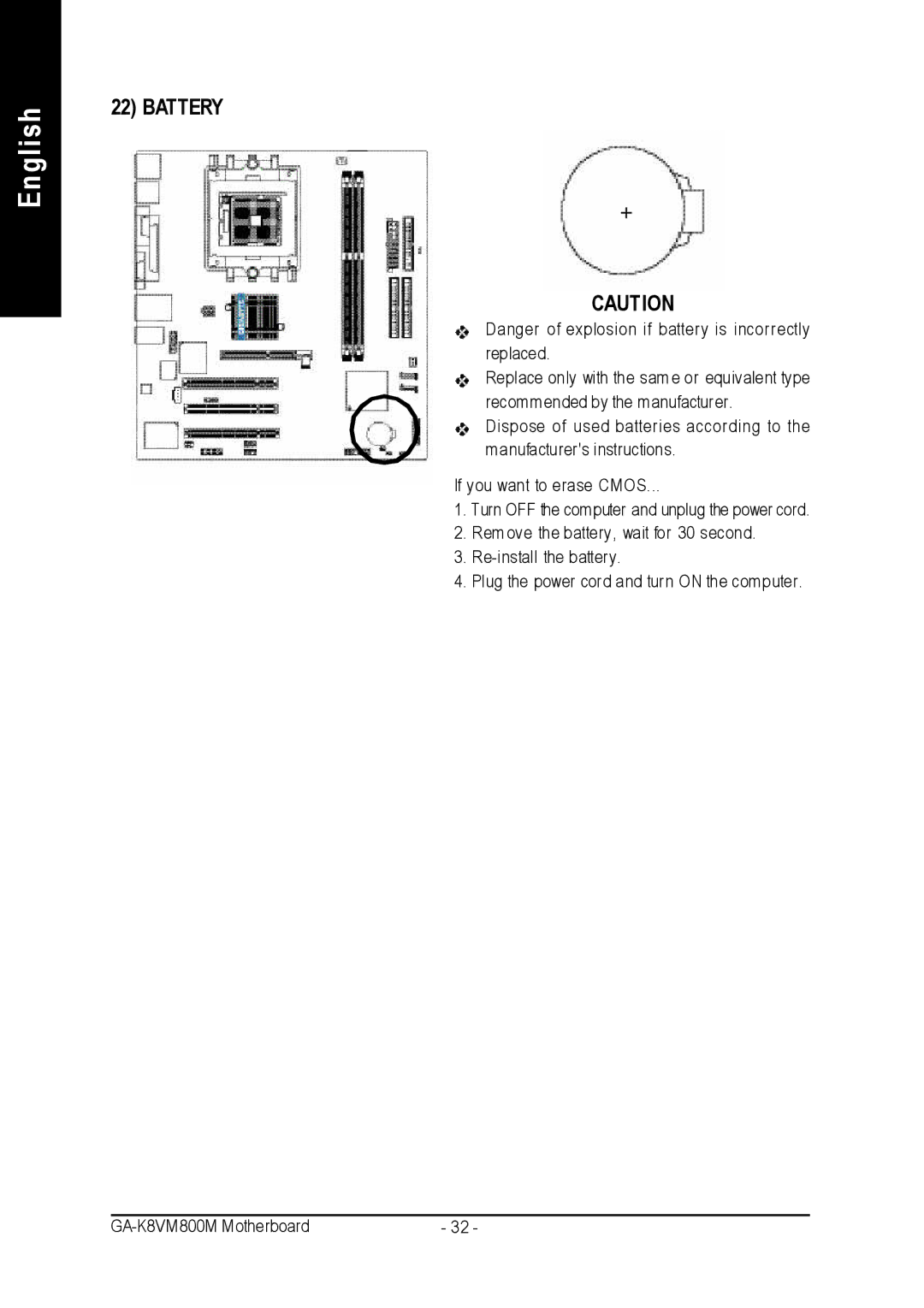 Gigabyte GA-K8VM800M user manual Battery 