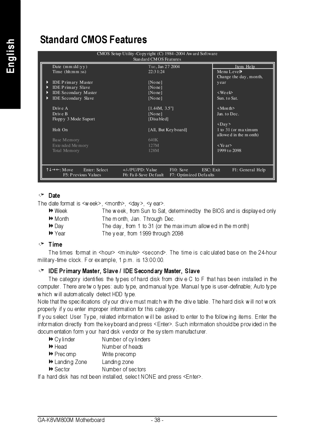 Gigabyte GA-K8VM800M Standard Cmos Features, Date, Time, IDE Primary Master, Slave / IDE Secondary Master, Slave 