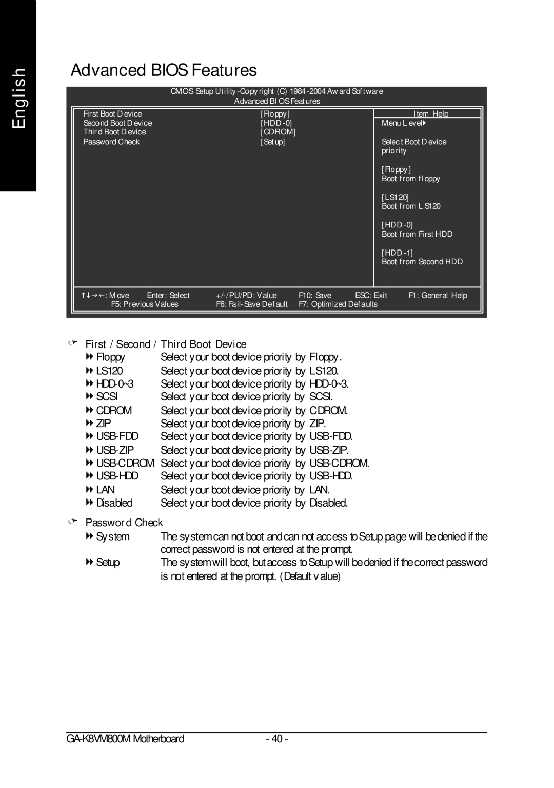 Gigabyte GA-K8VM800M user manual Advanced Bios Features, First / Second / Third Boot Device, Password Check 