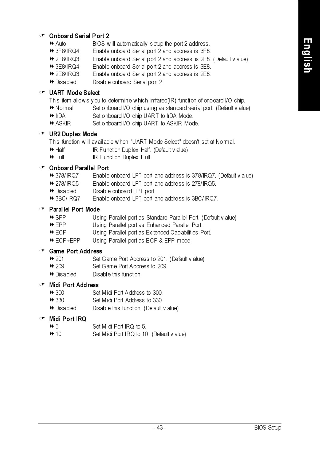 Gigabyte GA-K8VM800M Uart Mode Select, UR2 Dupl ex Mode, Onboard Parallel Port, Paral lel Port Mode, Game Port Address 