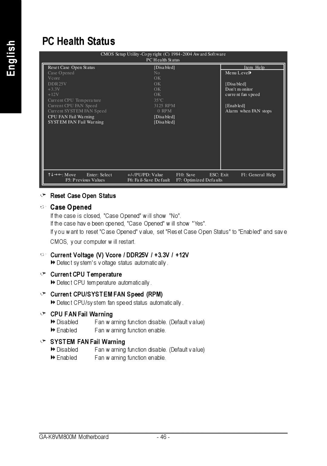 Gigabyte GA-K8VM800M user manual PC Health Status, Case Opened 