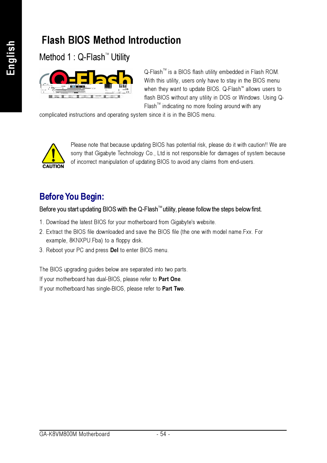 Gigabyte GA-K8VM800M user manual Flash Bios Method Introduction, Method 1 Q-FlashT M Utility 