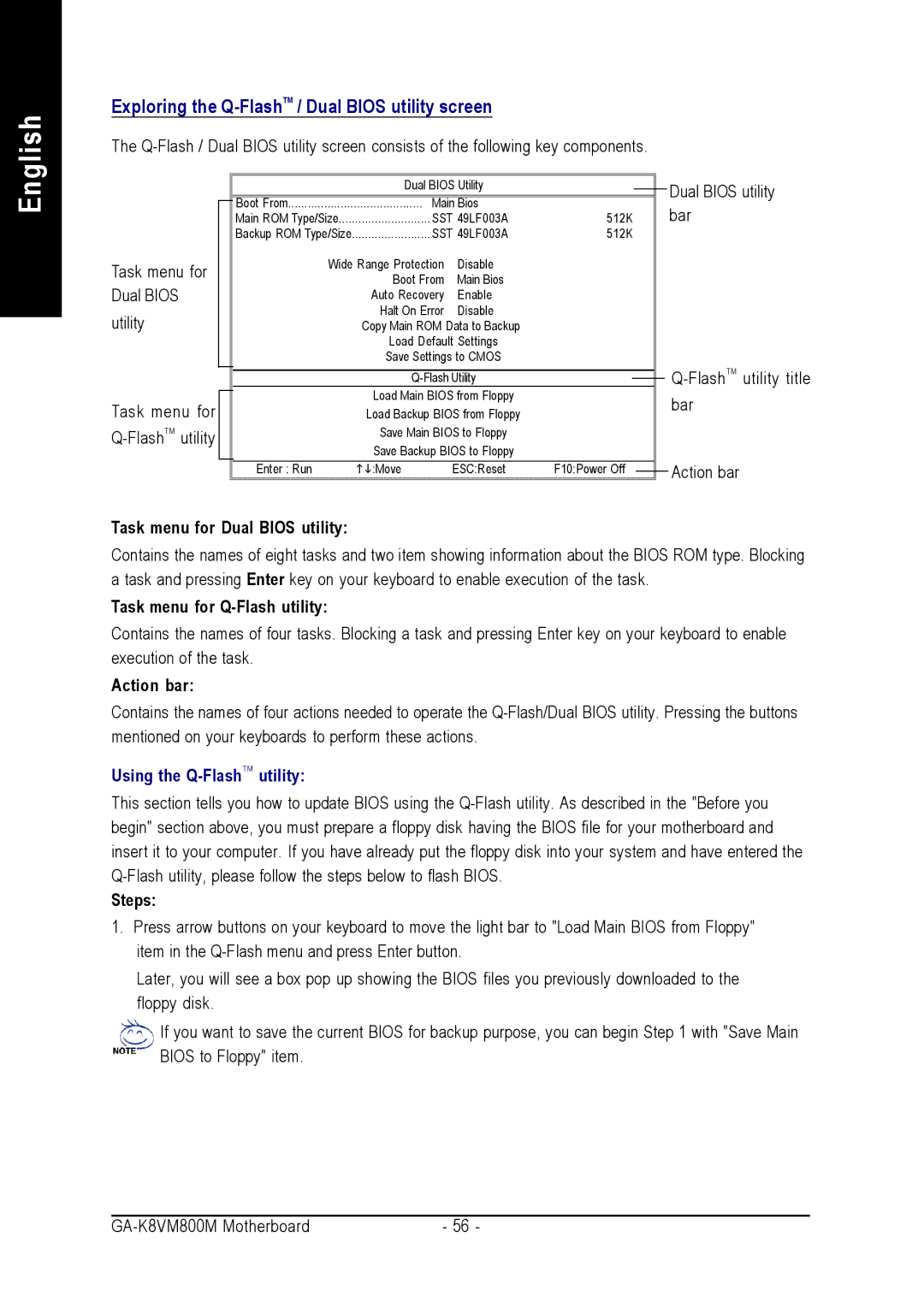 Gigabyte GA-K8VM800M user manual Exploring the Q-FlashTM / Dual Bios utility screen 