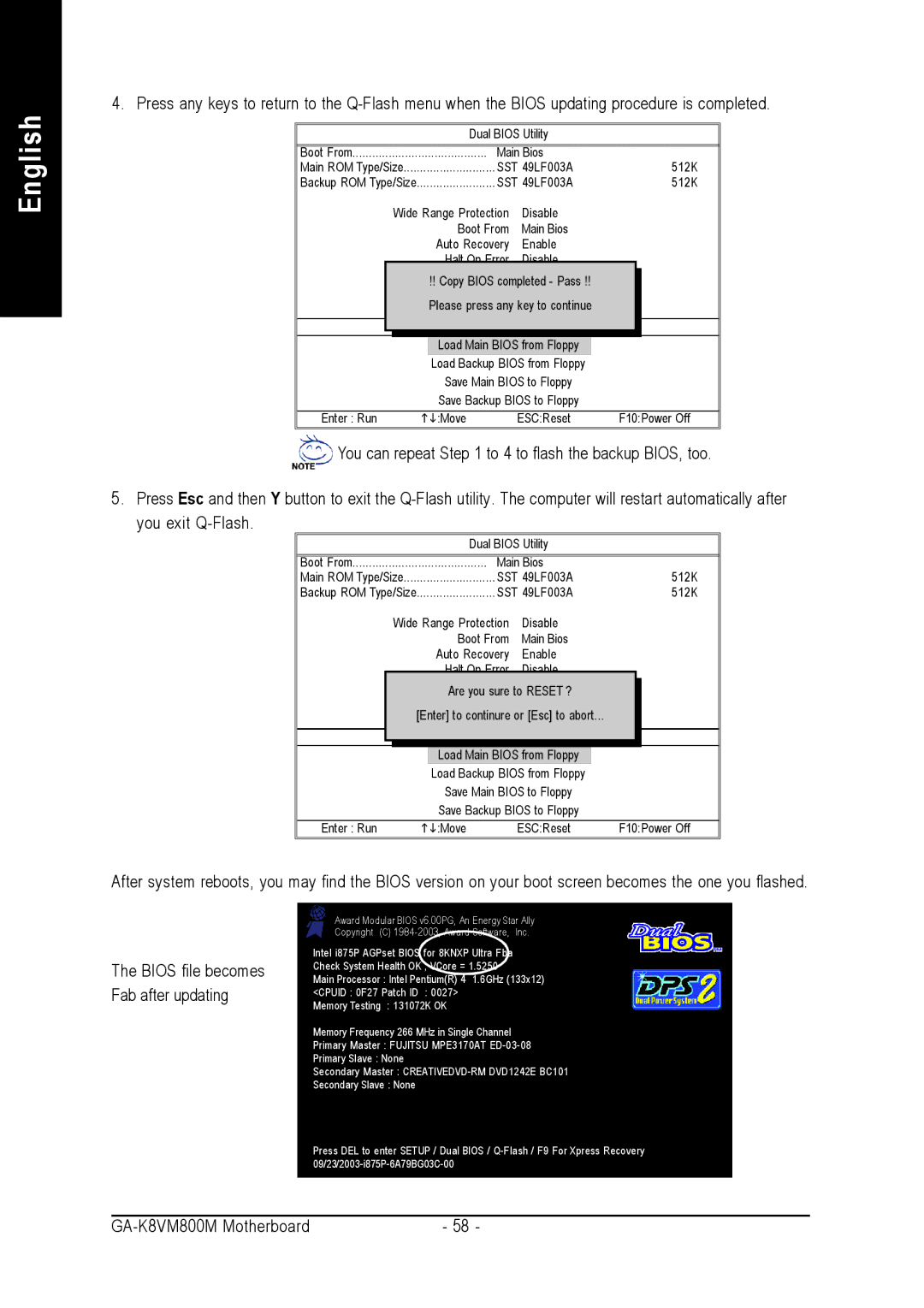 Gigabyte GA-K8VM800M user manual Bios file becomes Fab after updating 