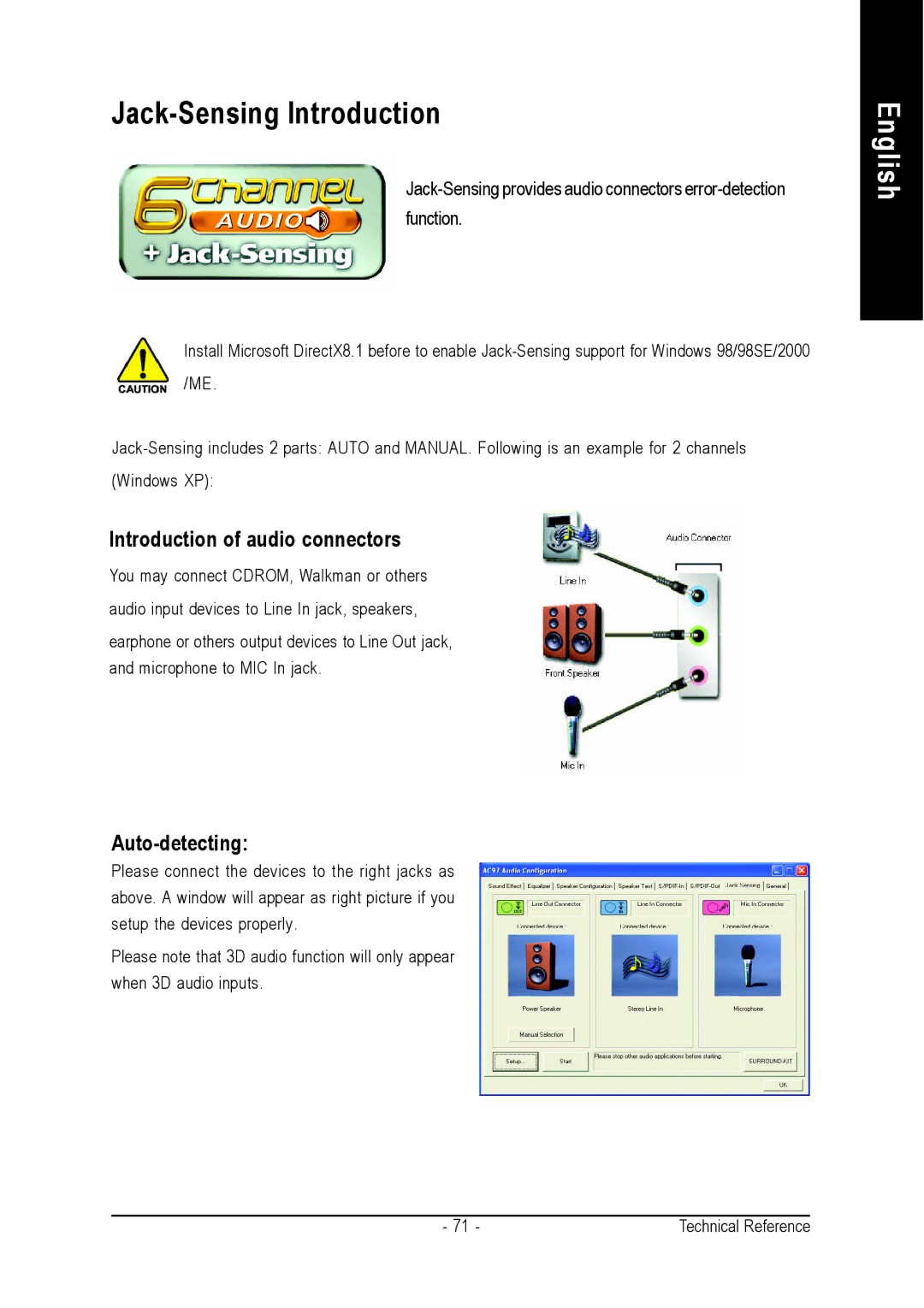 Gigabyte GA-K8VM800M user manual Jack-Sensing Introduction, Introduction of audio connectors, Auto-detecting 