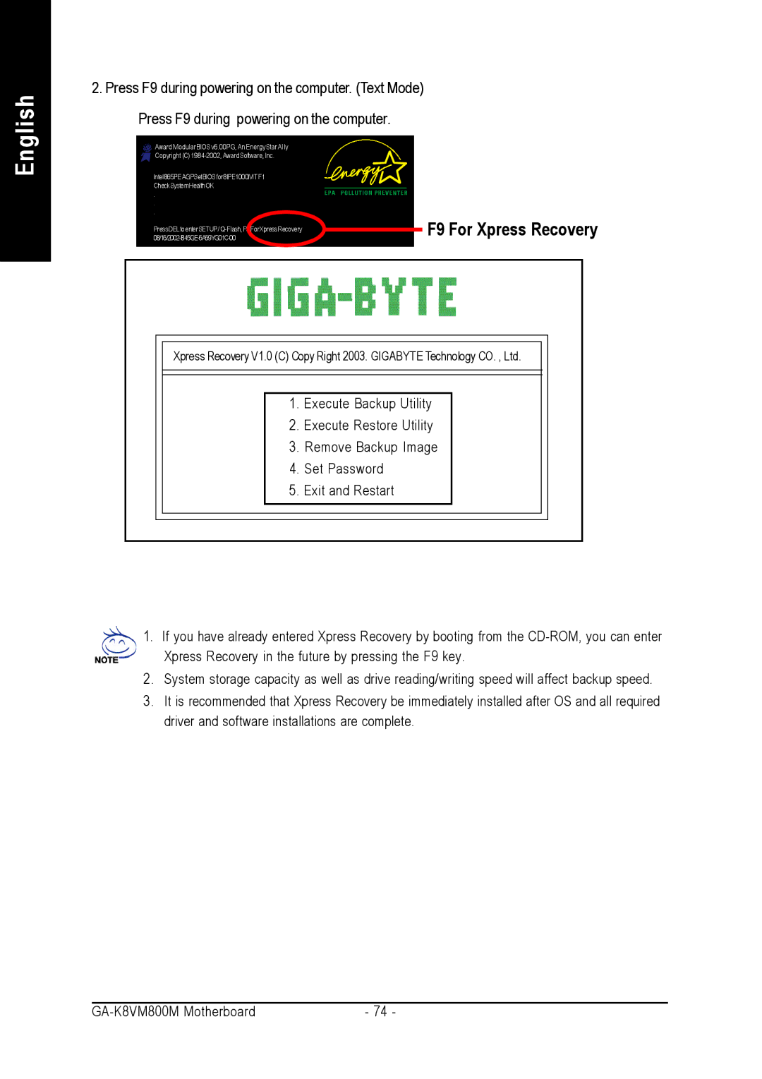 Gigabyte GA-K8VM800M user manual F9 For Xpress Recovery 