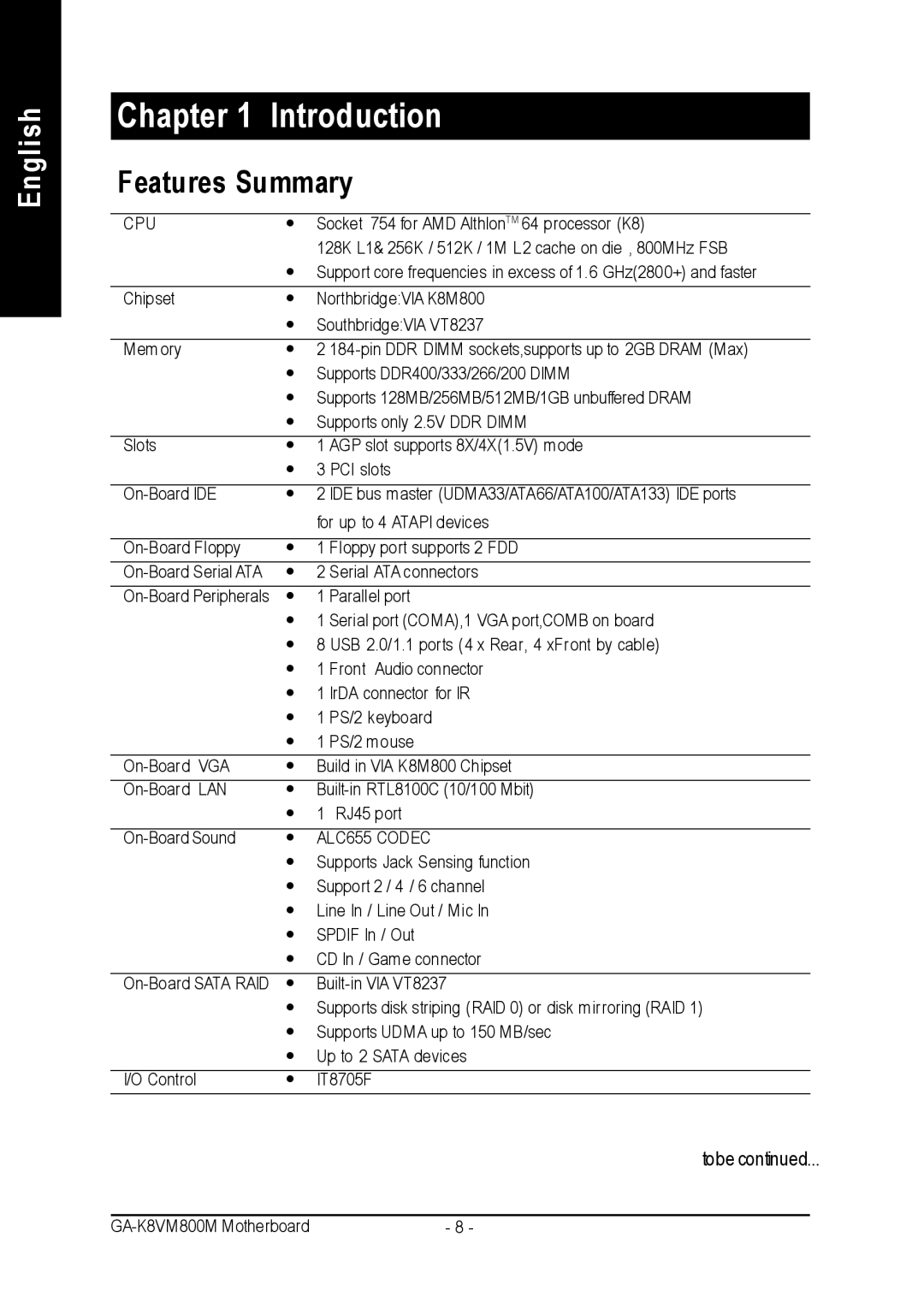 Gigabyte GA-K8VM800M user manual Chapter Introduction, Features Summary 