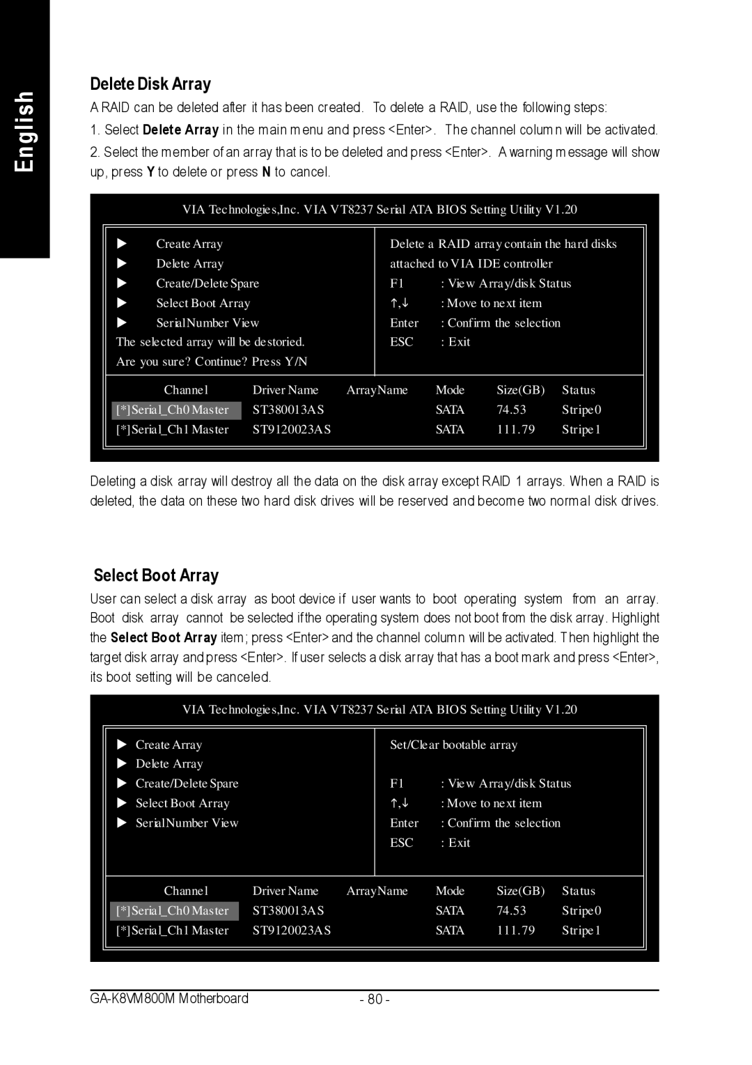 Gigabyte GA-K8VM800M user manual Delete Disk Array, Select Boot Array 