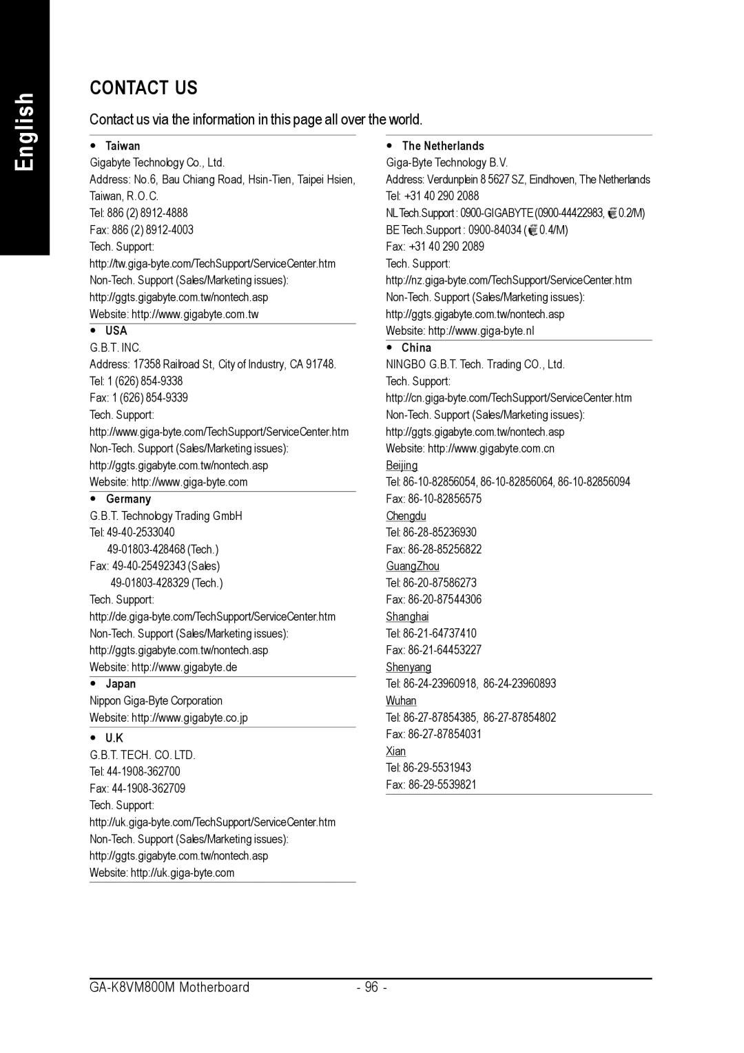 Gigabyte GA-K8VM800M user manual Usa G.B.T. Inc 