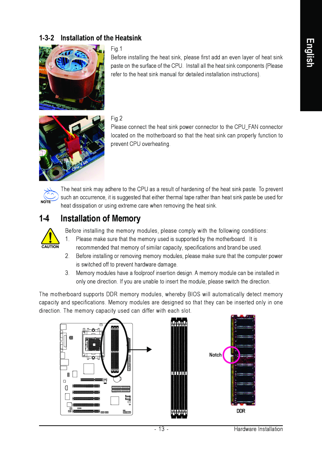 Gigabyte GA-K8VT800-RH user manual Installation of Memory, Installation of the Heatsink 