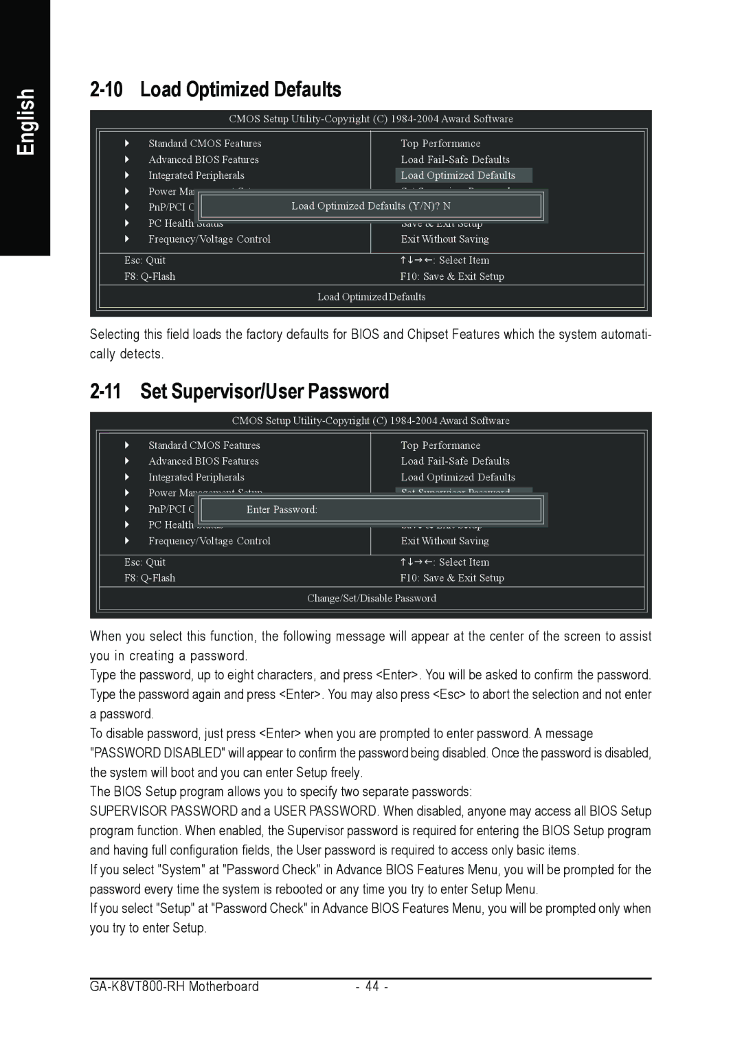 Gigabyte GA-K8VT800-RH user manual Load Optimized Defaults, Set Supervisor/User Password 