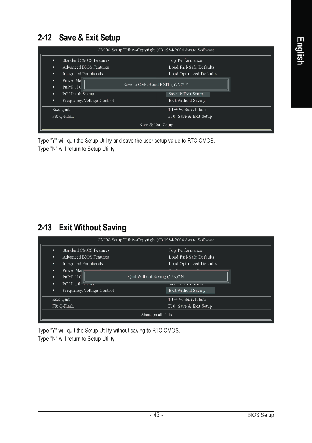 Gigabyte GA-K8VT800-RH user manual Save & Exit Setup, Exit Without Saving 