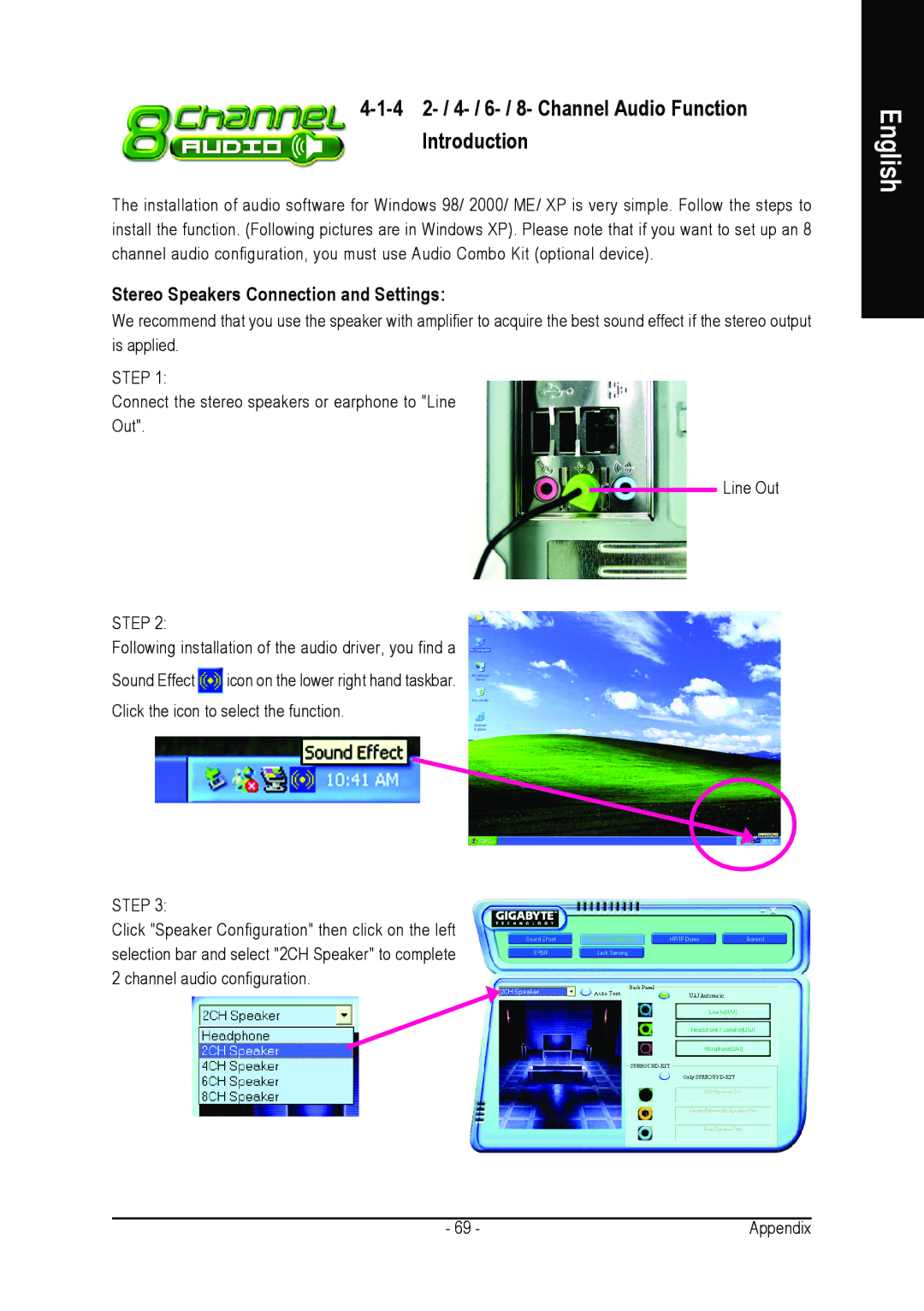 Gigabyte GA-K8VT800-RH 4 2- / 4- / 6- / 8- Channel Audio Function Introduction, Stereo Speakers Connection and Settings 