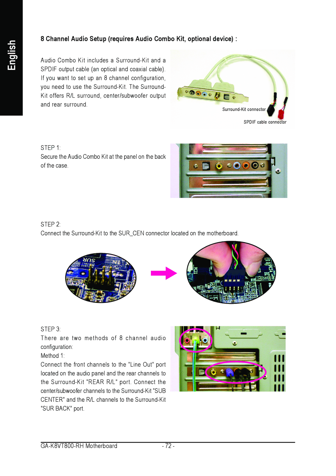 Gigabyte GA-K8VT800-RH user manual Surround-Kit connector Spdif cable connector 