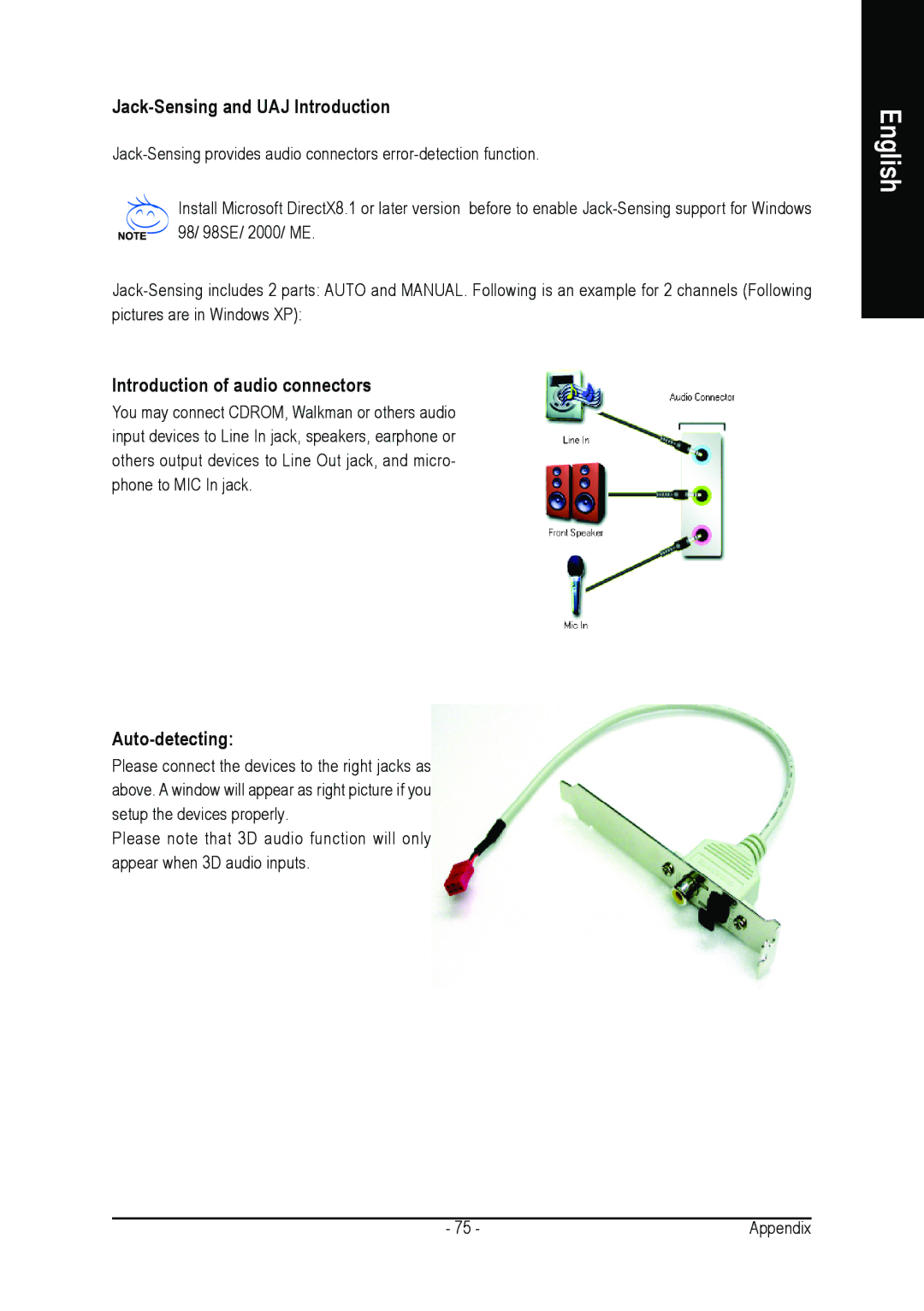 Gigabyte GA-K8VT800 user manual Jack-Sensing and UAJ Introduction, Introduction of audio connectors, Auto-detecting 