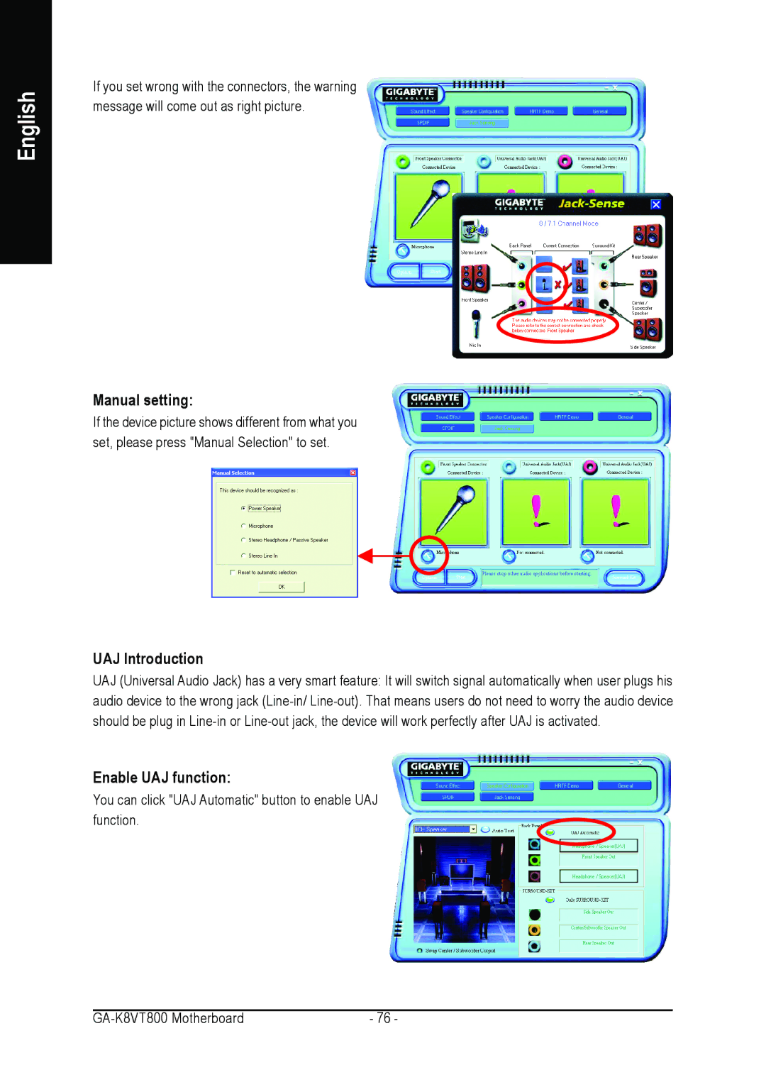 Gigabyte GA-K8VT800 user manual Manual setting, UAJ Introduction, Enable UAJ function 