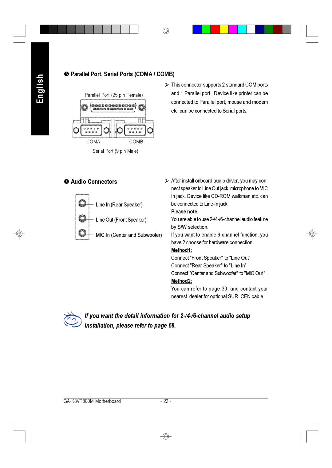 Gigabyte GA-K8VT800M user manual Parallel Port, Serial Ports Coma / Comb, Audio Connectors 