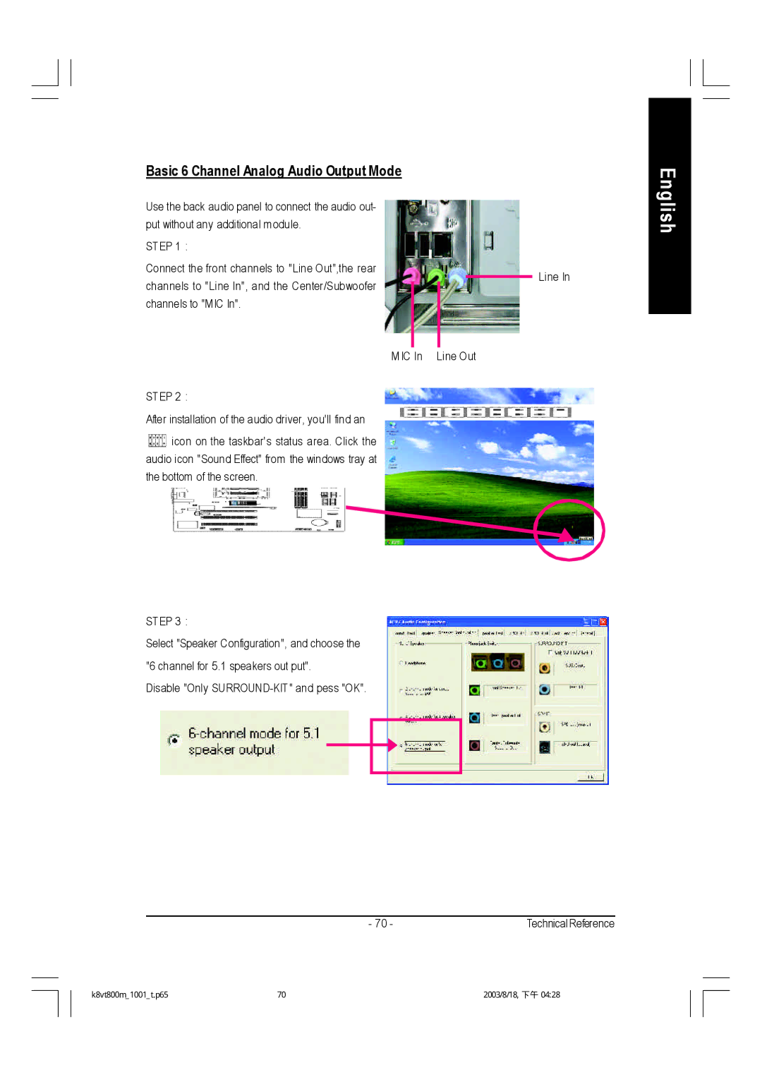 Gigabyte GA-K8VT800M user manual Basic 6 Channel Analog Audio Output Mode 