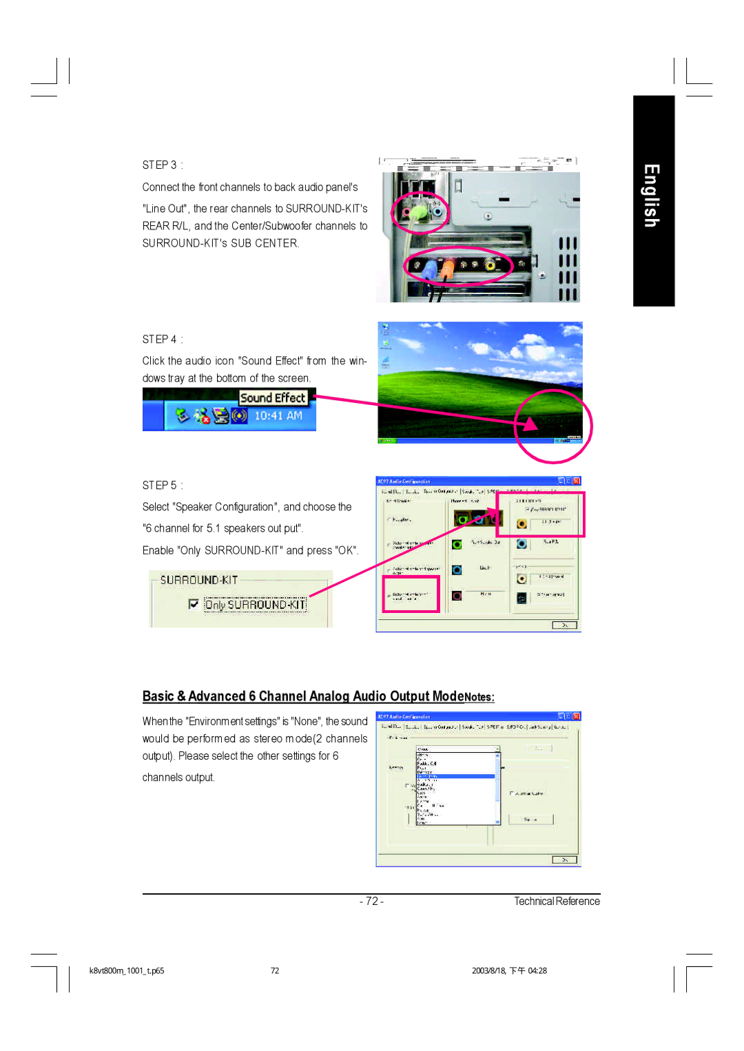 Gigabyte GA-K8VT800M user manual Basic & Advanced 6 Channel Analog Audio Output ModeNotes 