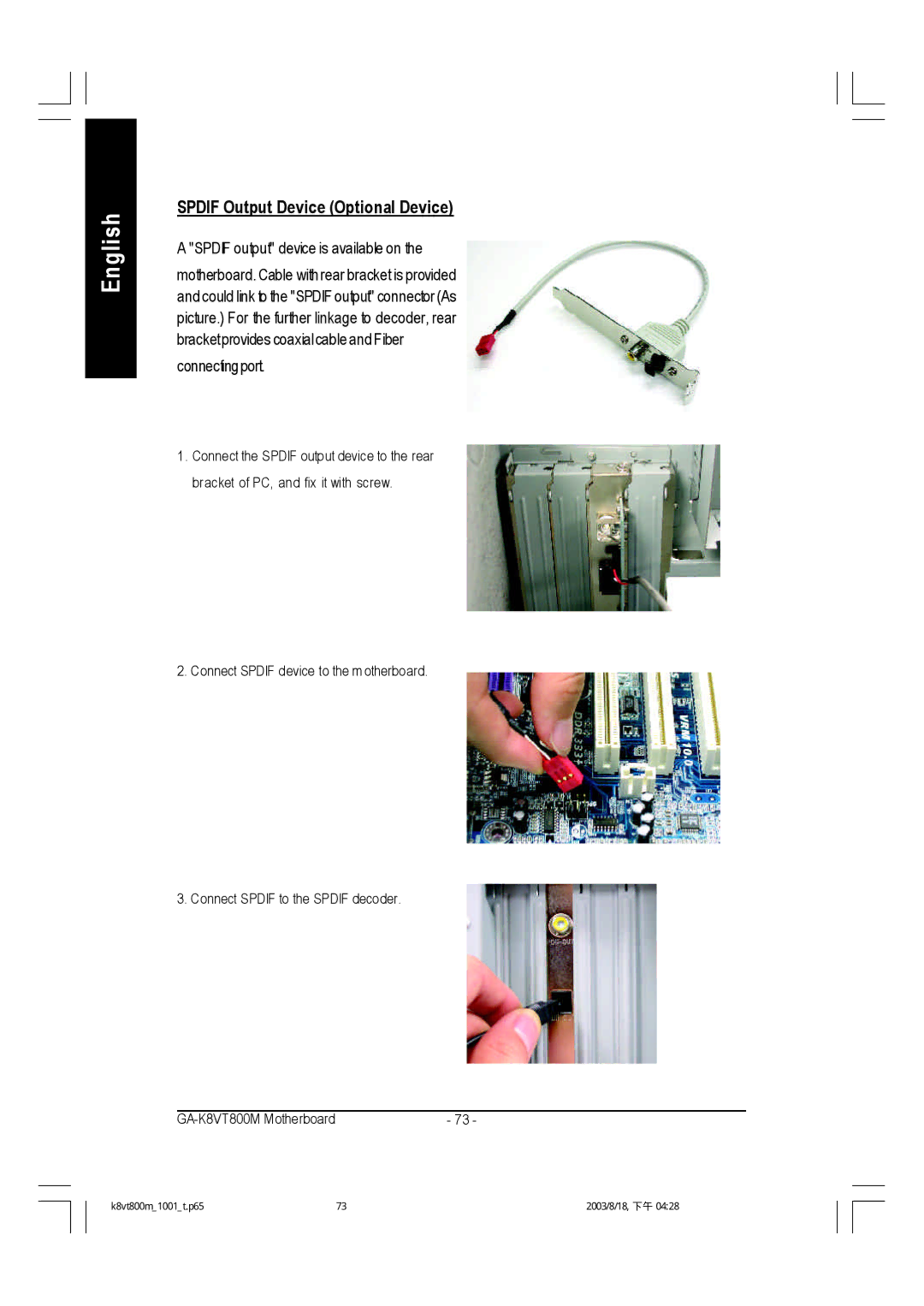 Gigabyte GA-K8VT800M user manual Spdif Output Device Optional Device 