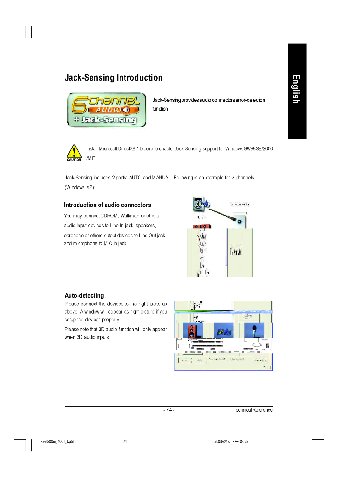 Gigabyte GA-K8VT800M user manual Jack-Sensing Introduction, Introduction of audio connectors, Auto-detecting 