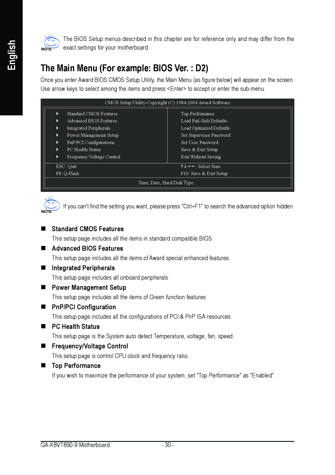 Gigabyte GA-K8VT890-9 user manual Main Menu For example Bios Ver. D2 