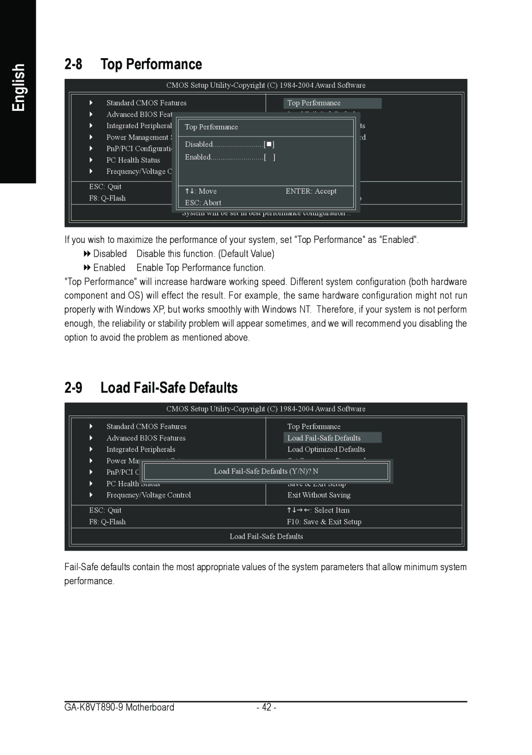 Gigabyte GA-K8VT890-9 user manual Top Performance, Load Fail-Safe Defaults 