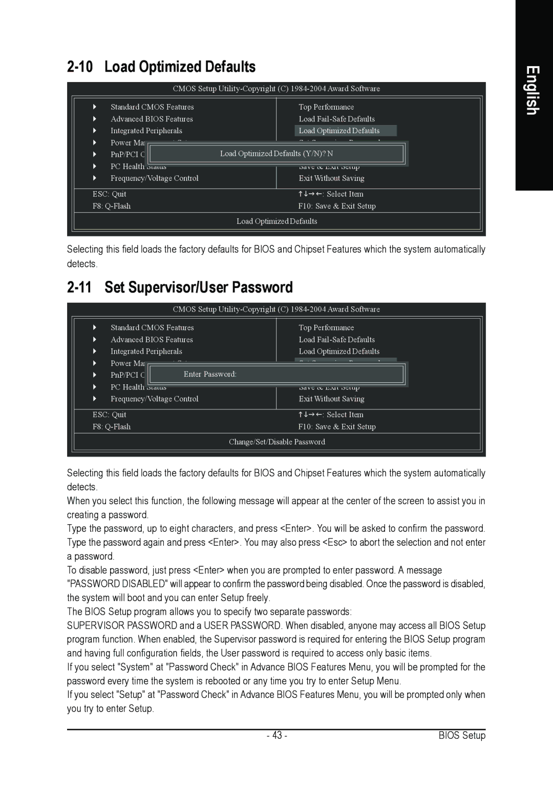 Gigabyte GA-K8VT890-9 user manual Load Optimized Defaults, Set Supervisor/User Password 