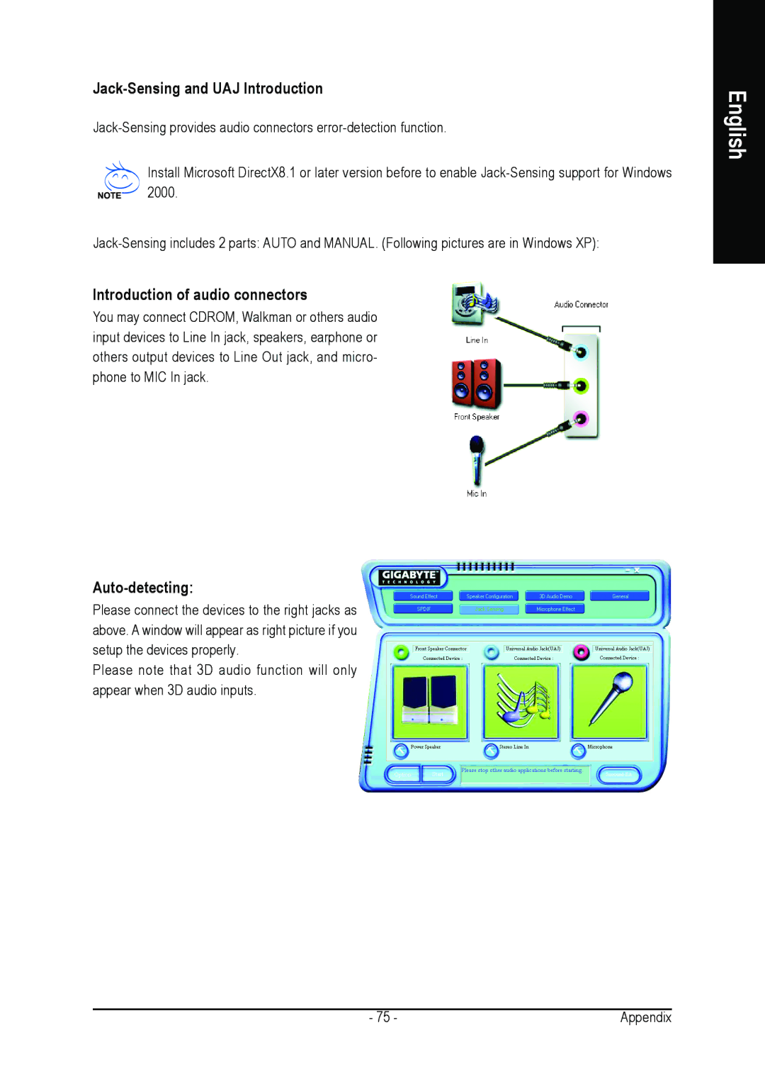 Gigabyte GA-K8VT890-9 user manual Jack-Sensing and UAJ Introduction, Introduction of audio connectors, Auto-detecting 