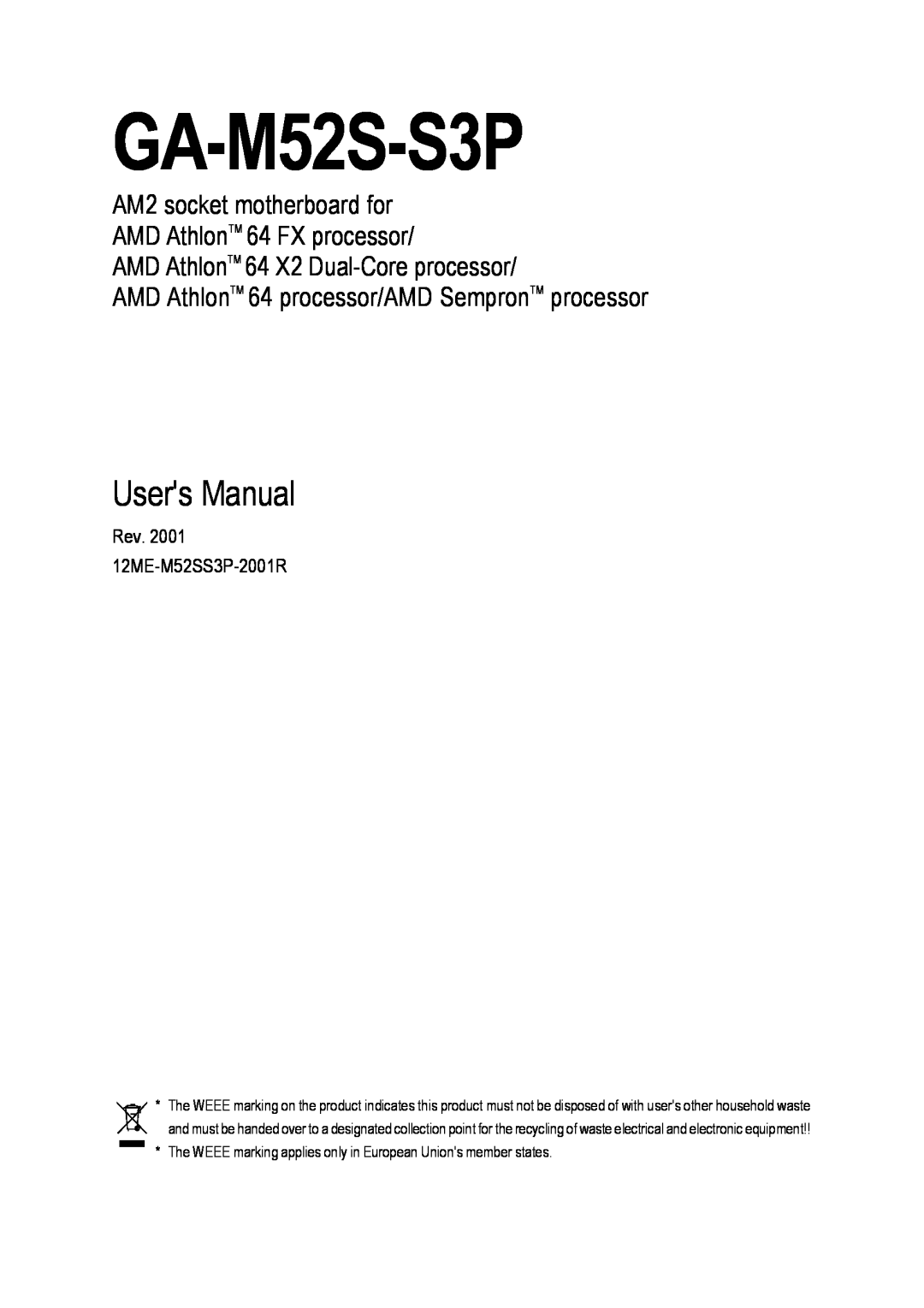 Gigabyte GA-M52S-S3P user manual Users Manual, AMD AthlonTM 64 X2 Dual-Core processor 