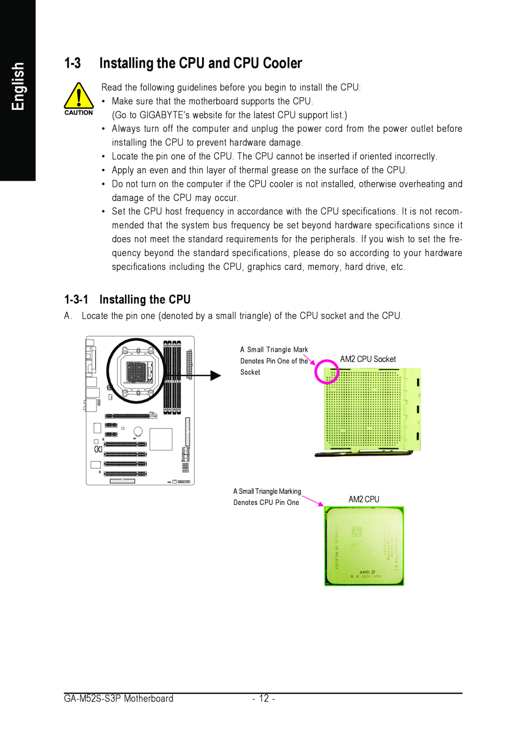 Gigabyte GA-M52S-S3P user manual Installing the CPU and CPU Cooler, English 