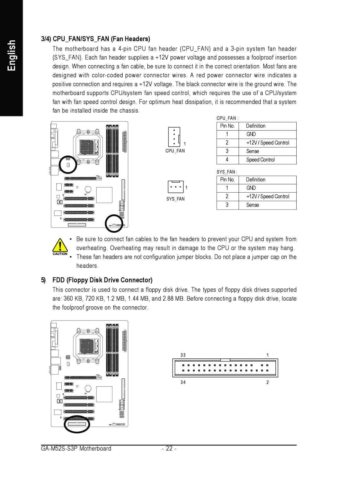 Gigabyte GA-M52S-S3P user manual 3/4 CPUFAN/SYSFAN Fan Headers, FDD Floppy Disk Drive Connector, English, Cpufan, Sysfan 