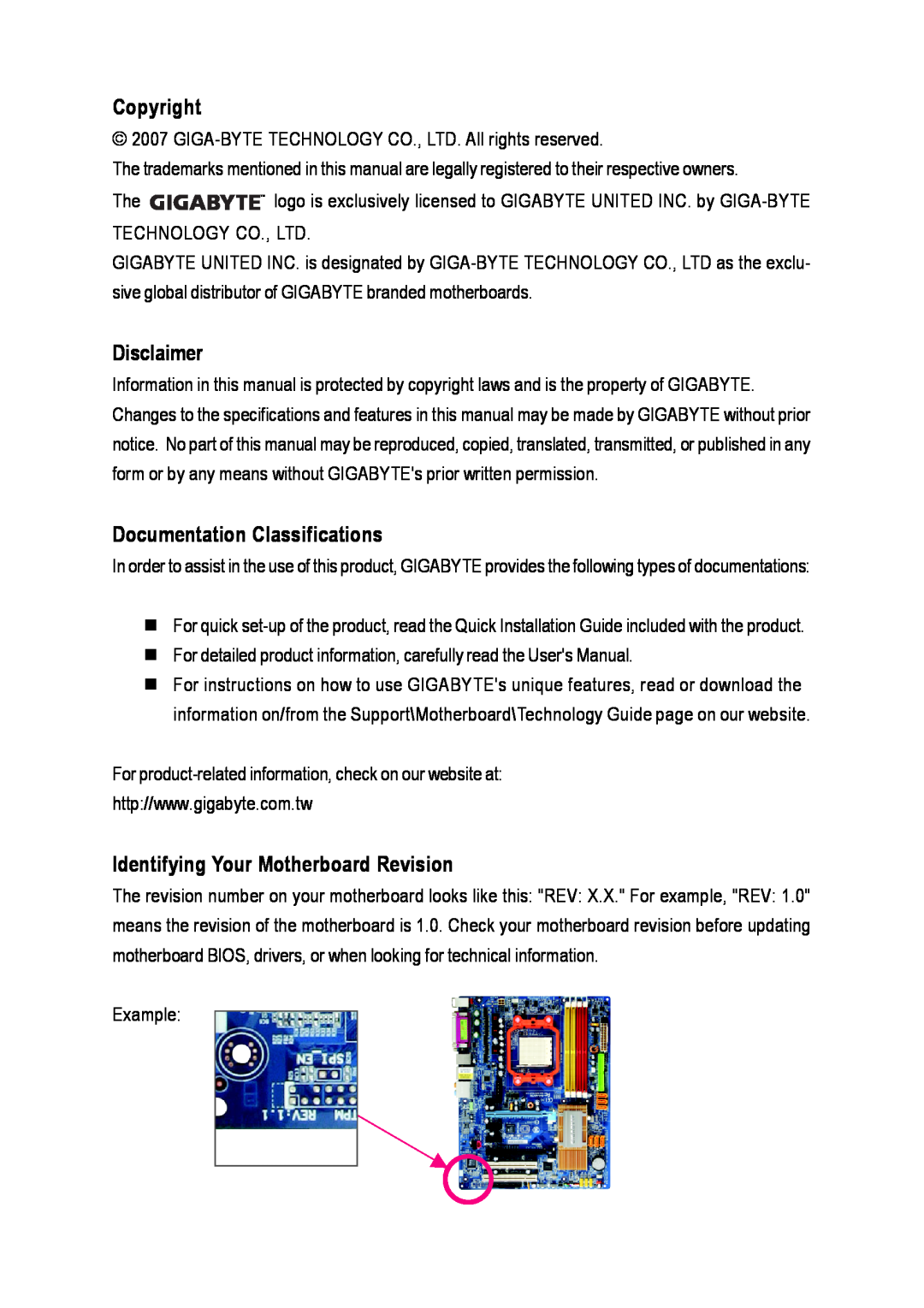 Gigabyte GA-M52S-S3P Copyright, Disclaimer, Documentation Classifications, Identifying Your Motherboard Revision, Example 