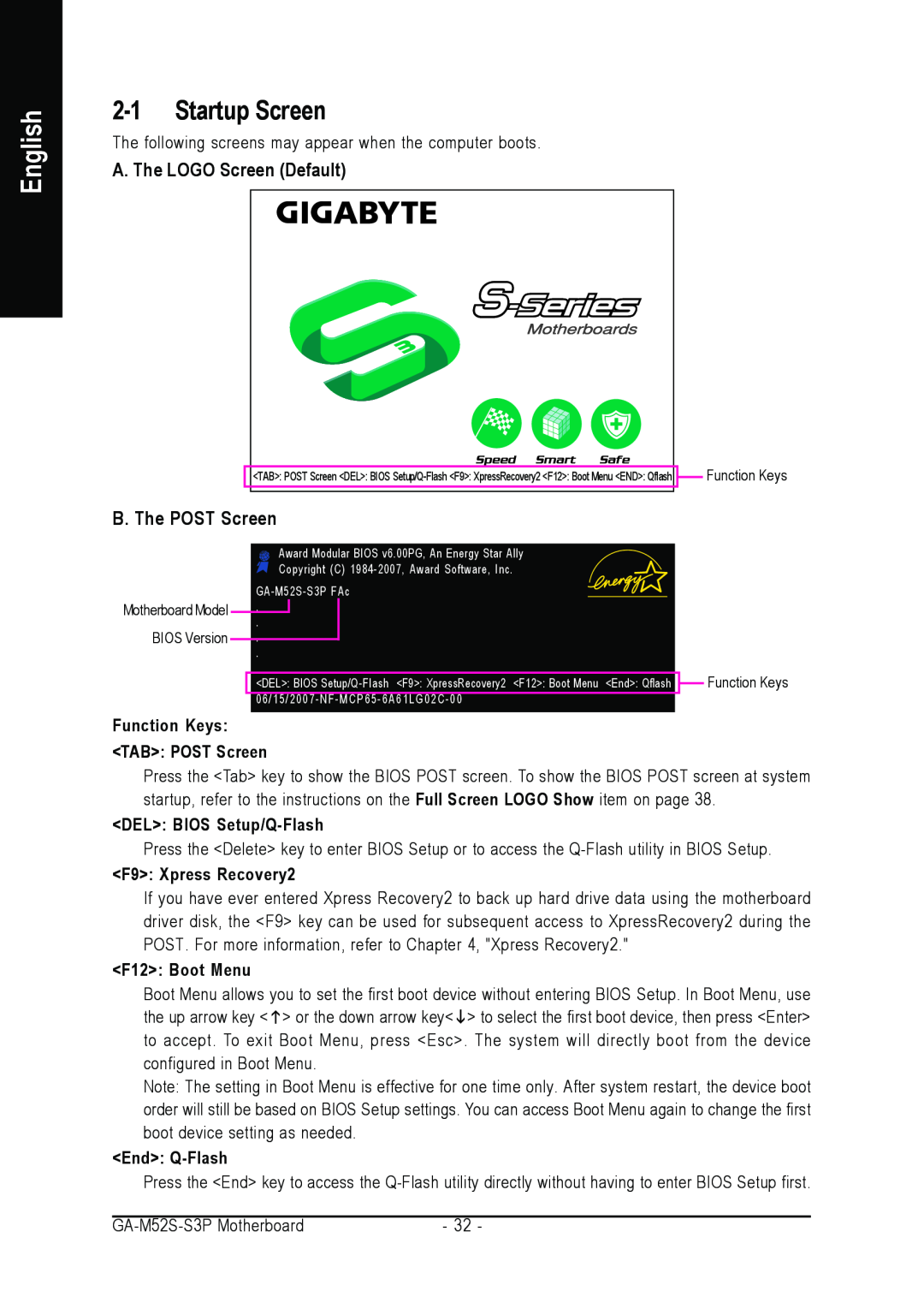 Gigabyte GA-M52S-S3P user manual Startup Screen, A. The LOGO Screen Default, B. The POST Screen, English 