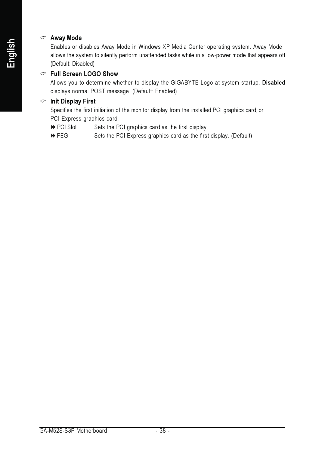 Gigabyte GA-M52S-S3P user manual Away Mode, Full Screen LOGO Show, Init Display First, English 