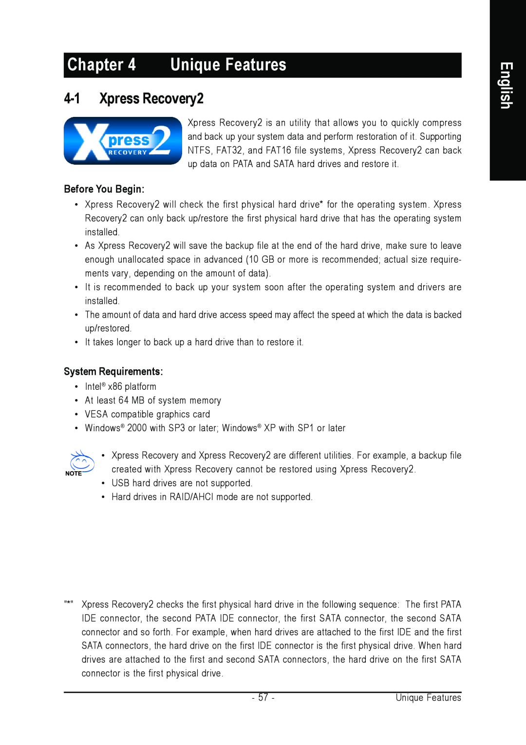 Gigabyte GA-M52S-S3P user manual Unique Features, Xpress Recovery2, Before You Begin, System Requirements, English 