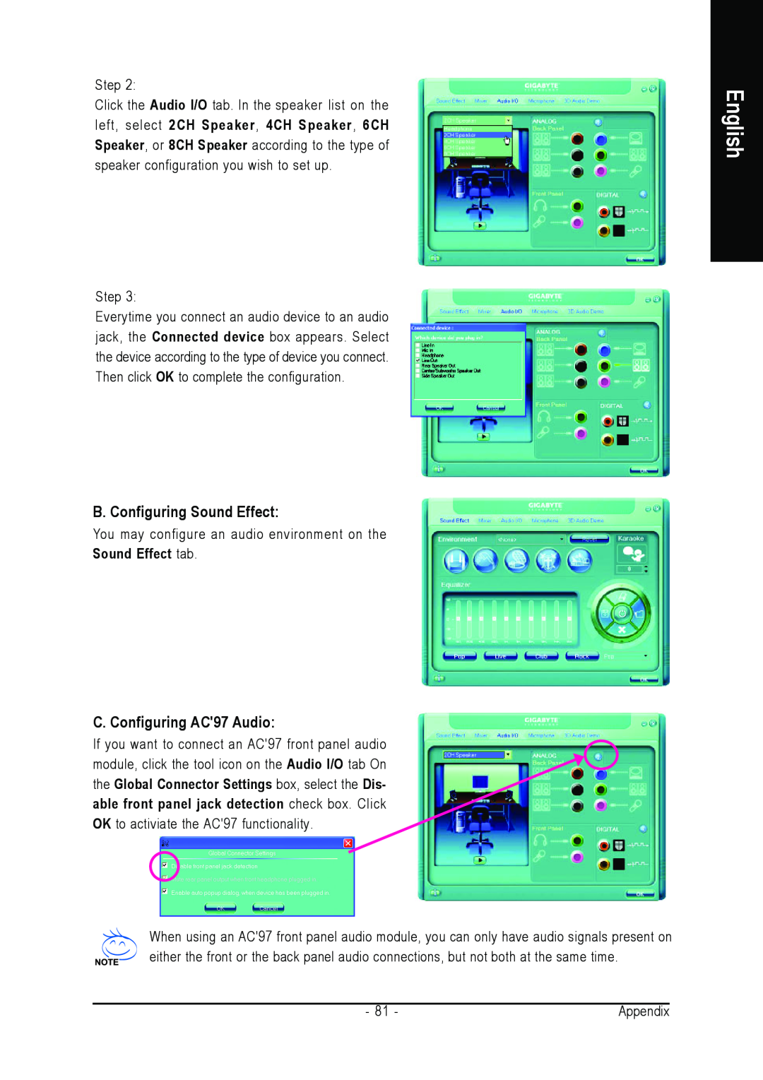 Gigabyte GA-M52S-S3P user manual B. Configuring Sound Effect, C. Configuring AC97 Audio, English, Sound Effect tab 