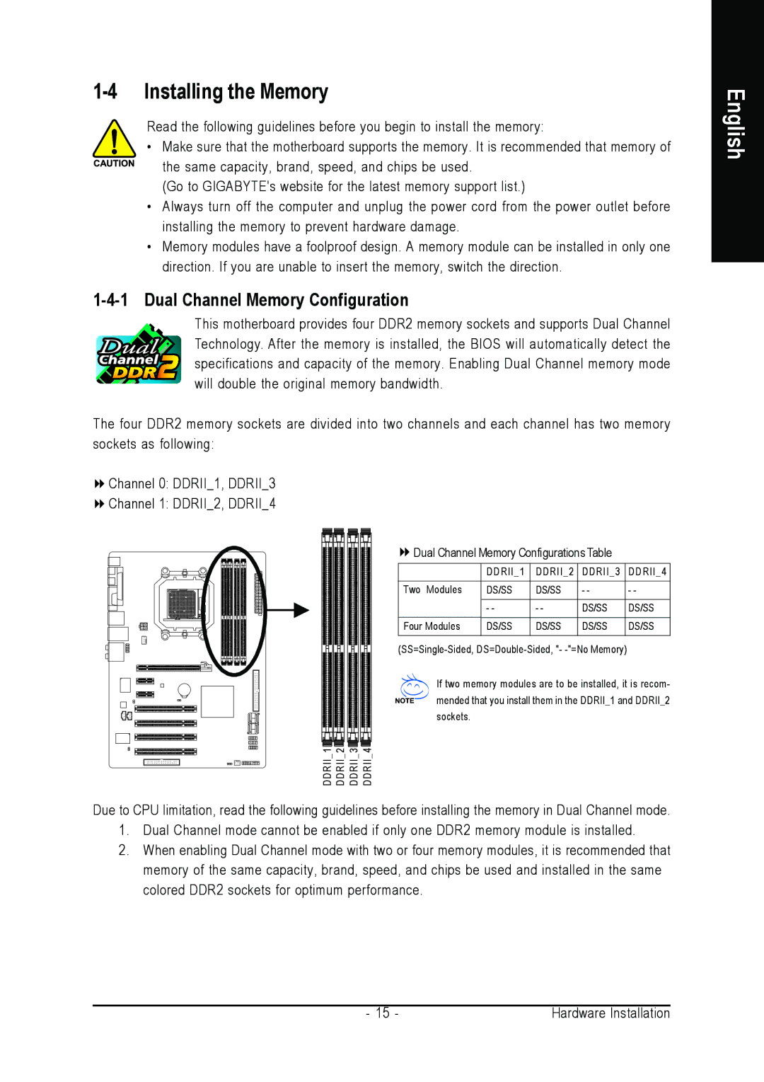 Gigabyte GA-M52S-S3P user manual Installing the Memory, Dual Channel Memory Configuration 