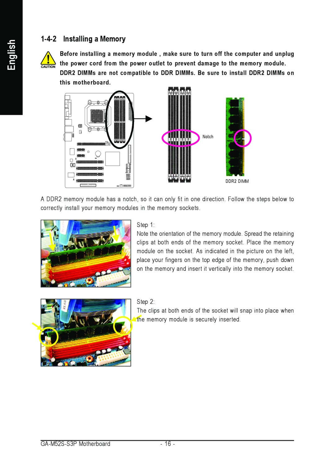 Gigabyte GA-M52S-S3P user manual Installing a Memory 