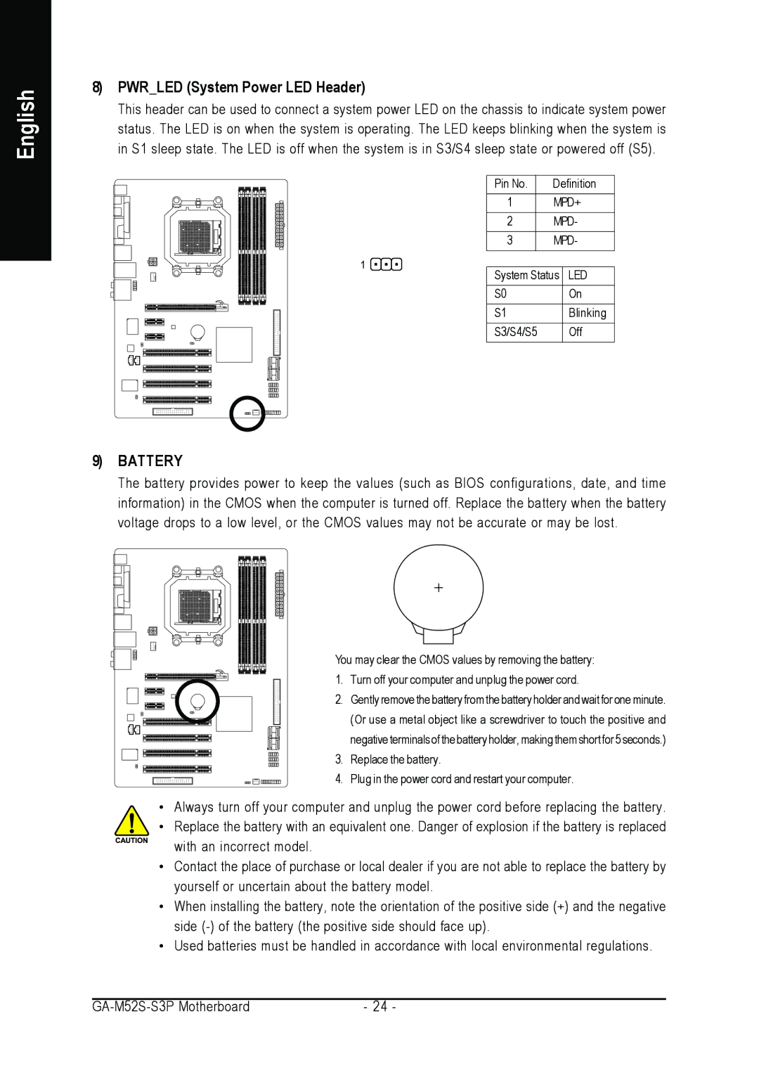 Gigabyte GA-M52S-S3P user manual Pwrled System Power LED Header, Battery 