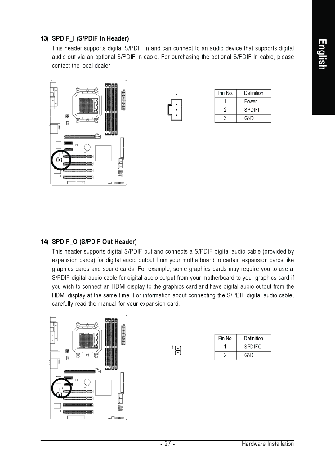 Gigabyte GA-M52S-S3P user manual Spdifi S/PDIF In Header, Spdifo S/PDIF Out Header 