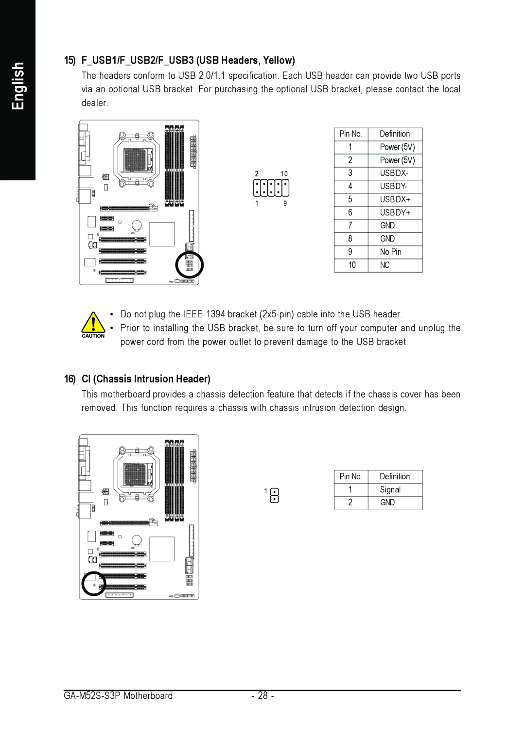 Gigabyte GA-M52S-S3P user manual FUSB1/FUSB2/FUSB3 USB Headers, Yellow, CI Chassis Intrusion Header 