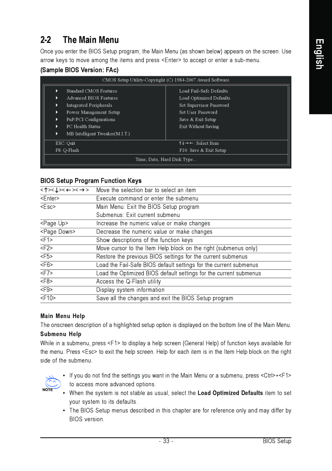 Gigabyte GA-M52S-S3P user manual Main Menu, Sample Bios Version FAc, Bios Setup Program Function Keys 