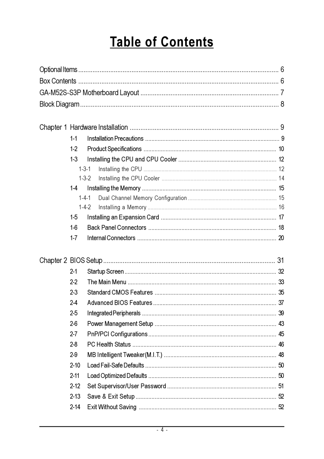 Gigabyte GA-M52S-S3P user manual Table of Contents 