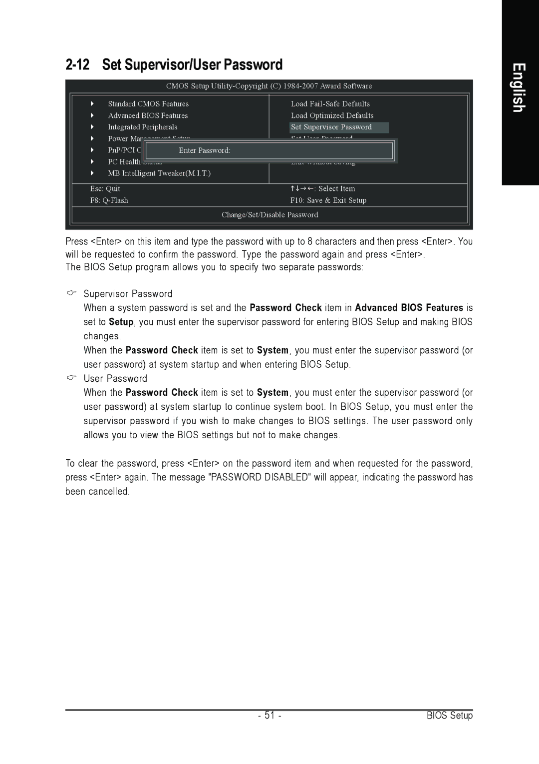 Gigabyte GA-M52S-S3P user manual Set Supervisor/User Password 